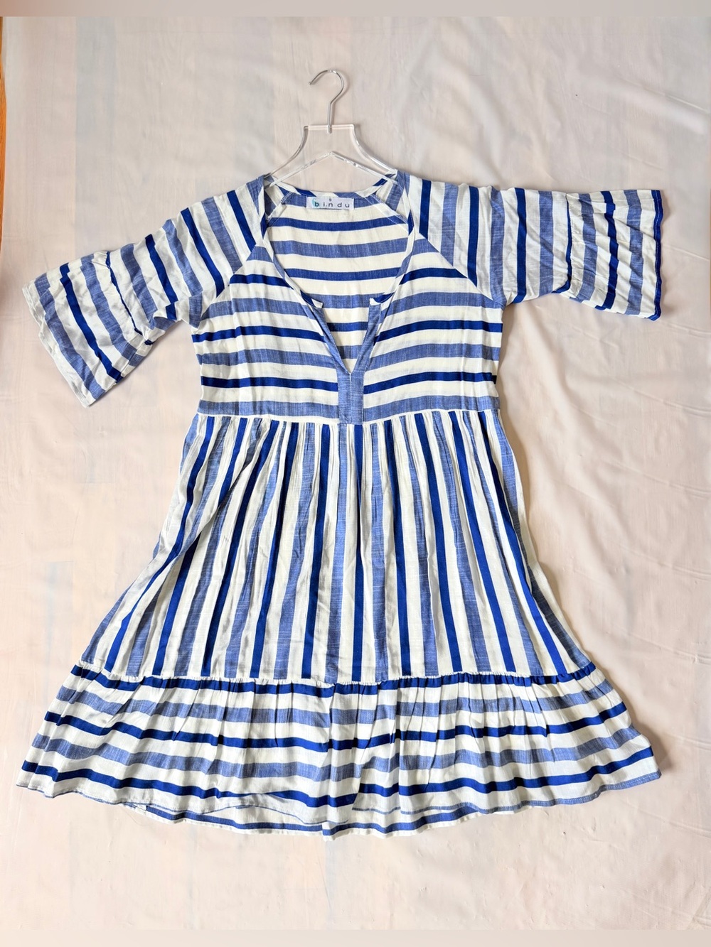 Bindu Blue Awning Stripe Ivana Dress V Neck Raglan Bell Sleeve Ruffle S